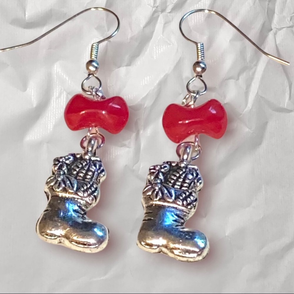 Hand Crafted Earrings Stocking Bow Silver Dangle Jewelry Christmas Pierced